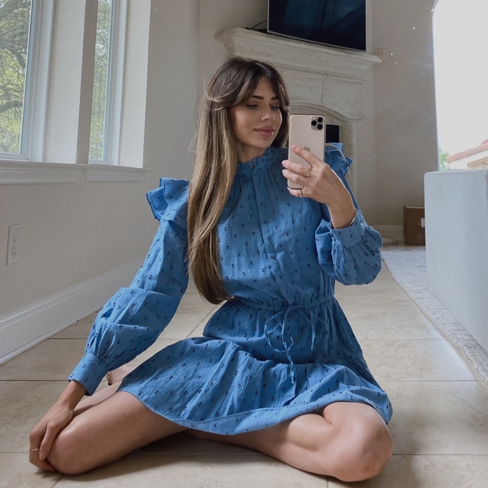 Blue Ruffle-Shoulder Long-Sleeve Dress